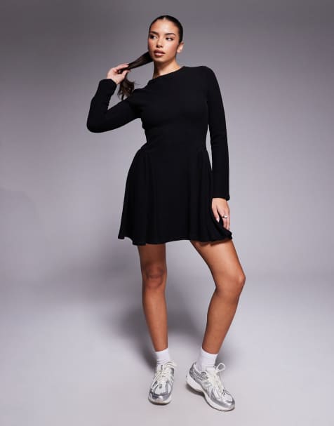 ASOS DESIGN supersoft long sleeve godet mini dress in black - view 1