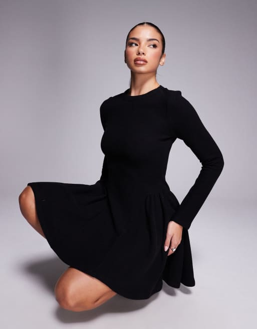 ASOS DESIGN supersoft long sleeve godet mini dress in black