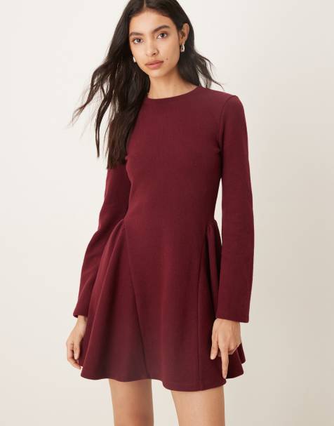 ASOS DESIGN supersoft long sleeve godet mini dress in burgundy - view 1