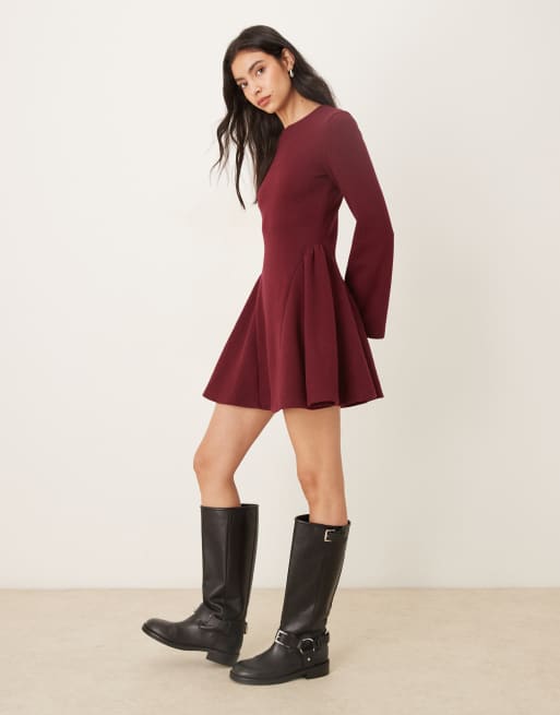 ASOS DESIGN supersoft long sleeve godet mini dress in burgundy