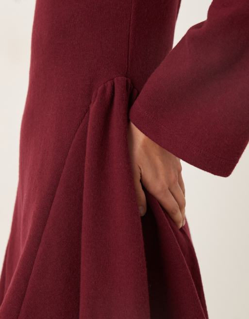ASOS DESIGN supersoft long sleeve godet mini dress in burgundy