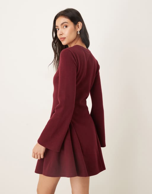 ASOS DESIGN supersoft long sleeve godet mini dress in burgundy