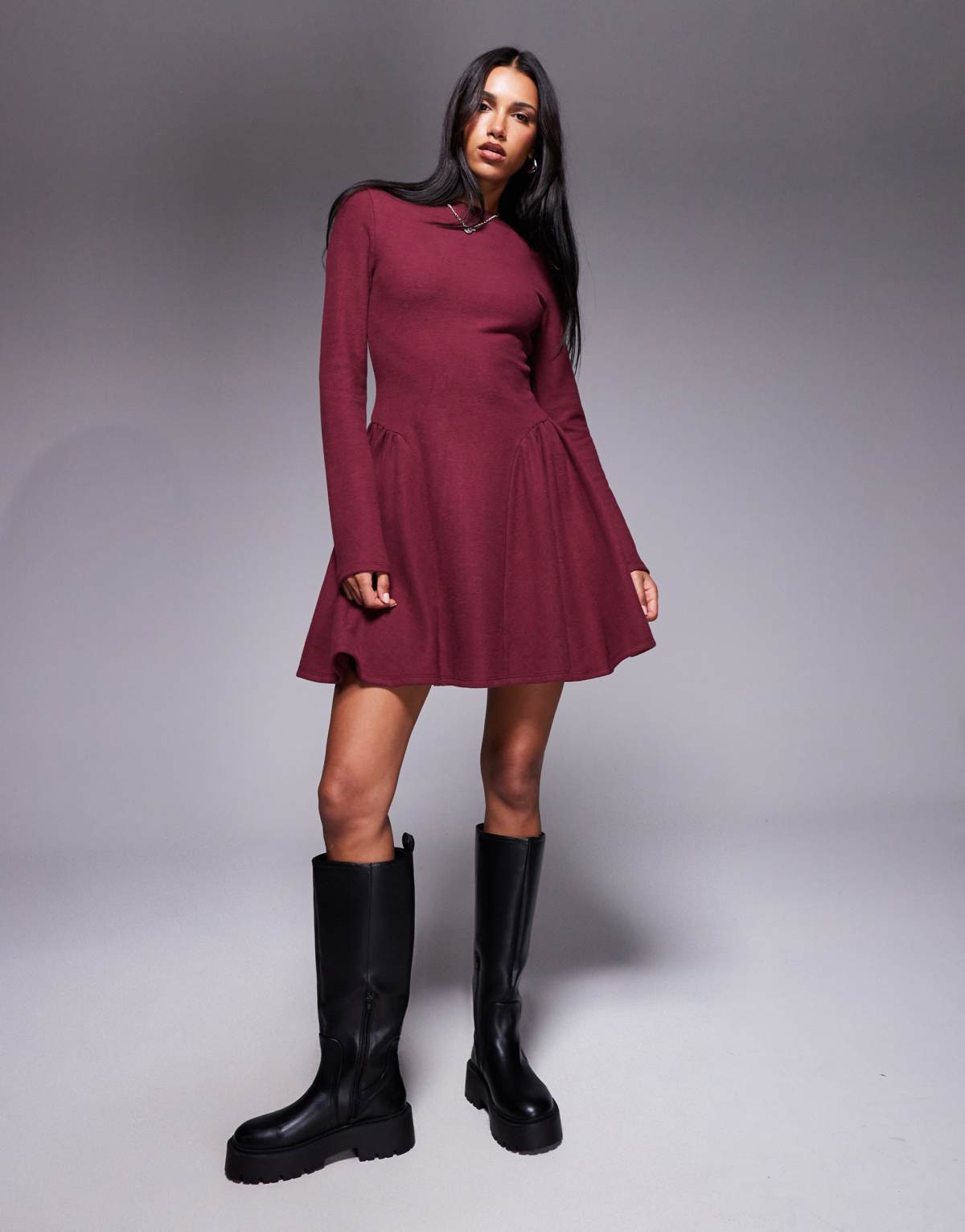 ASOS DESIGN supersoft long sleeve godet mini dress in burgundy