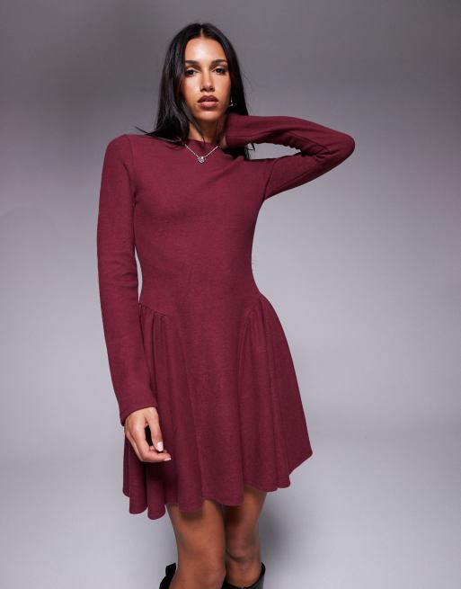 ASOS DESIGN supersoft long sleeve godet mini dress in burgundy