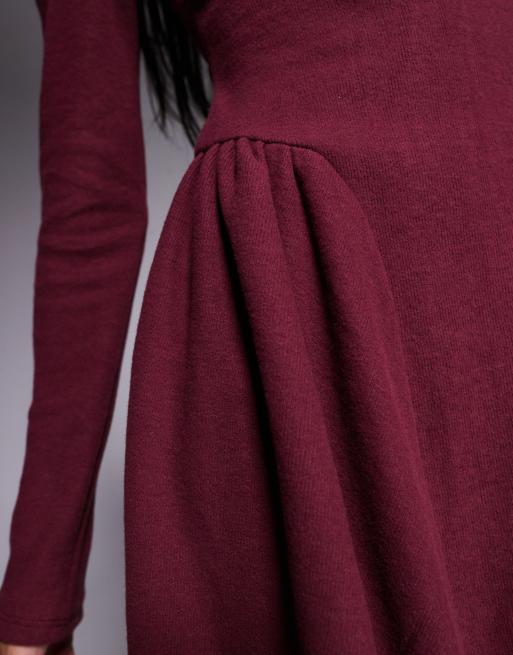 ASOS DESIGN supersoft long sleeve godet mini dress in burgundy