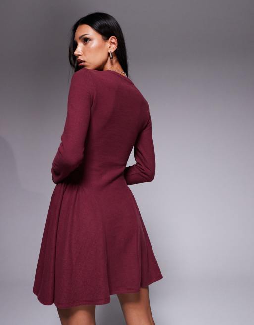 ASOS DESIGN supersoft long sleeve godet mini dress in burgundy