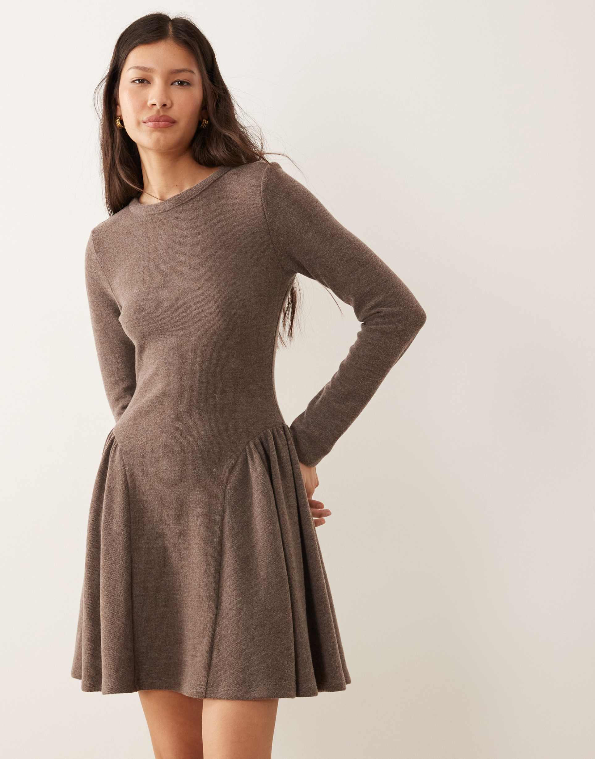 asos design supersoft long sleeve godet mini dress in chocolate