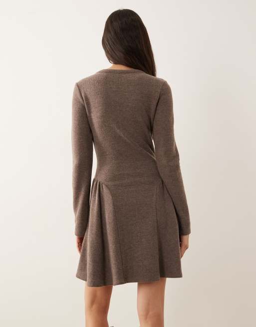 ASOS DESIGN supersoft long sleeve godet mini dress in chocolate