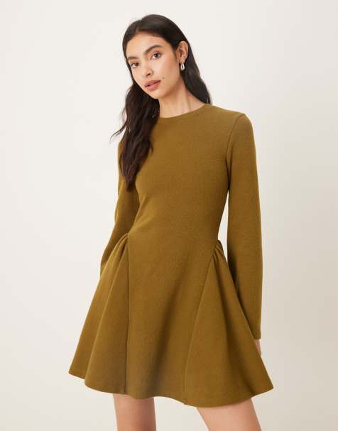 ASOS DESIGN supersoft long sleeve godet mini dress in khaki - view 1