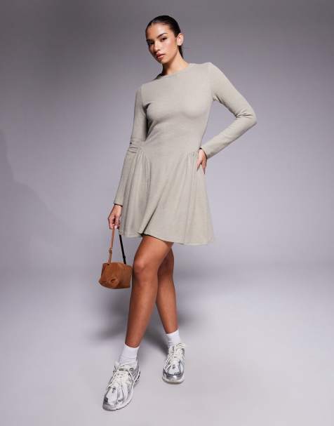ASOS DESIGN supersoft long sleeve godet mini dress in taupe - view 1