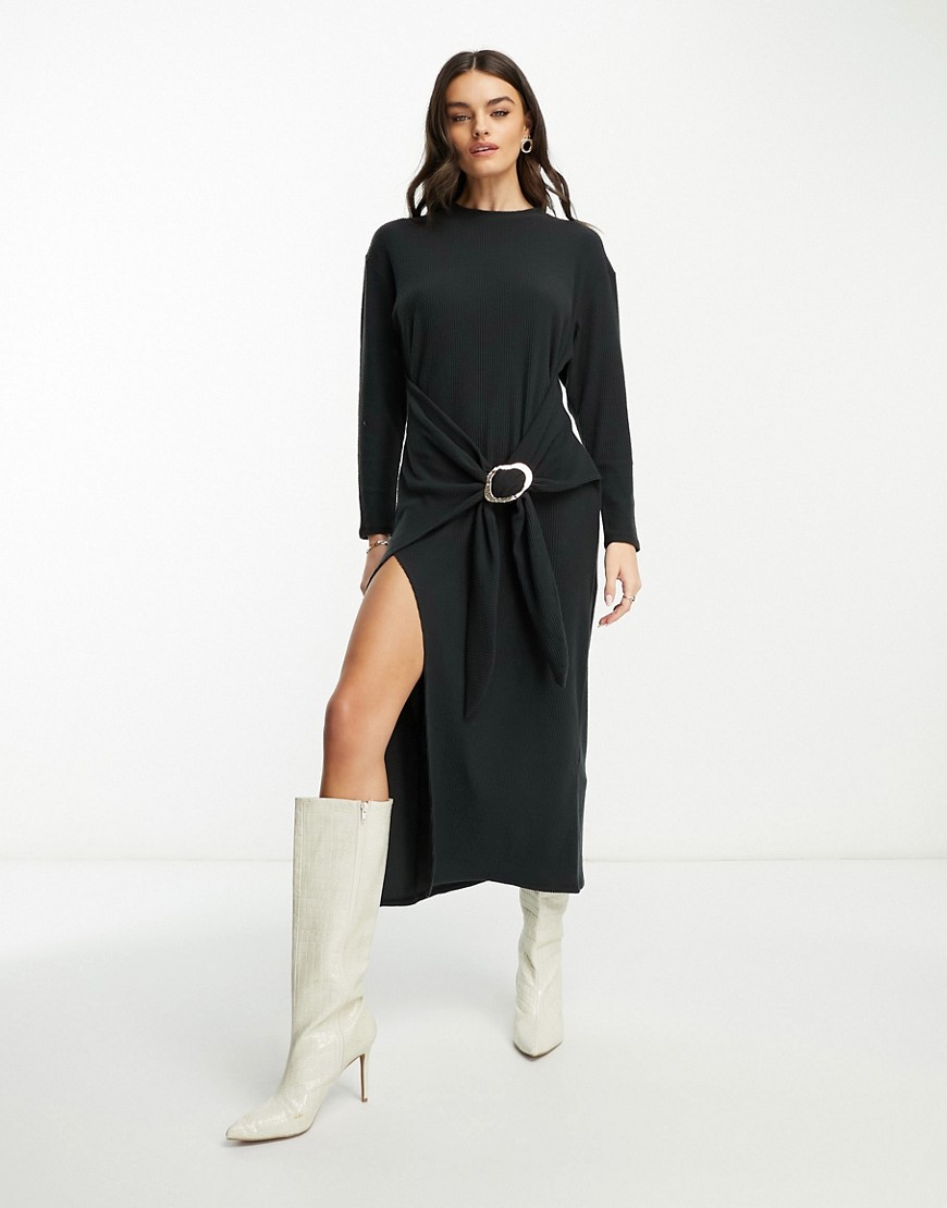 ASOS DESIGN supersoft long sleeve maxi dress with drapey sarong detail in black