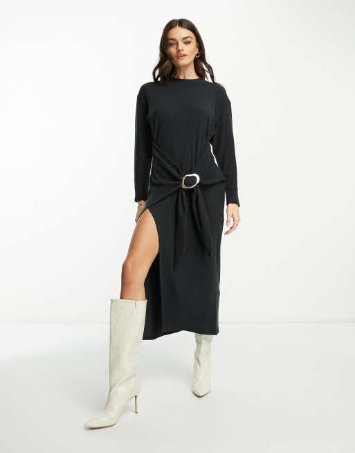 ASOS DESIGN supersoft long sleeve maxi dress with drapey sarong detail in black