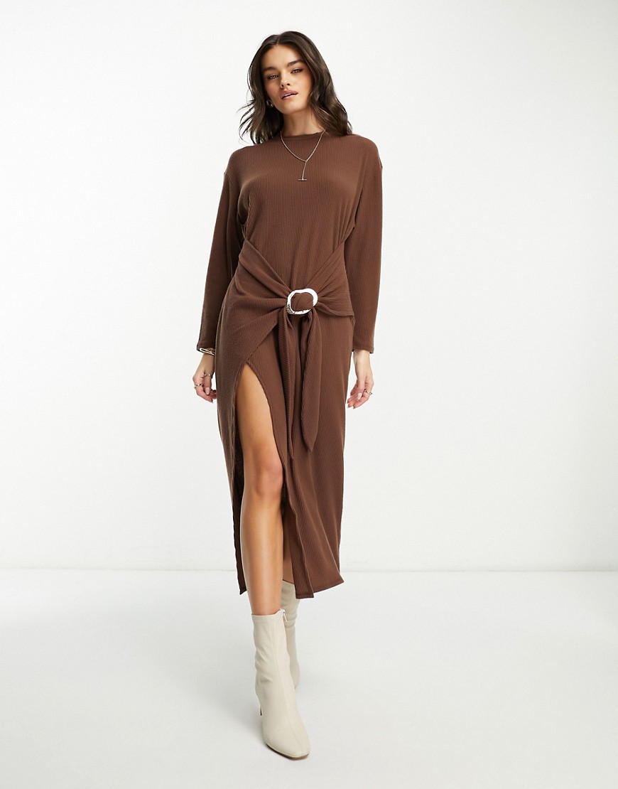 ASOS DESIGN supersoft long sleeve maxi dress with drapey sarong detail in chocolate brown