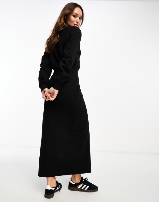 ASOS DESIGN supersoft long sleeve midi dress with wrap skirt in black, 2 of 4