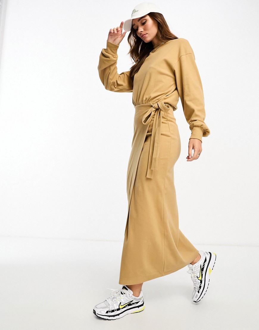 ASOS DESIGN supersoft long sleeve midi dress with wrap skirt in camel-White