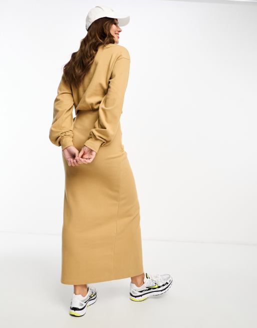 ASOS DESIGN supersoft long sleeve midi dress with wrap skirt in camel, 2 of 4