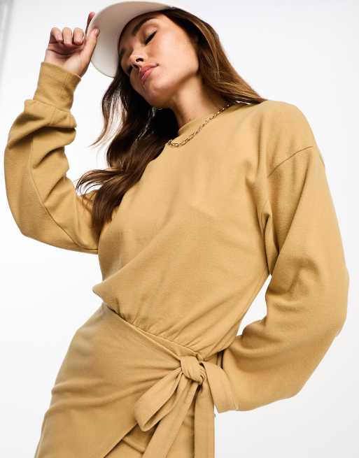 ASOS DESIGN supersoft long sleeve midi dress with wrap skirt in camel, 3 of 4