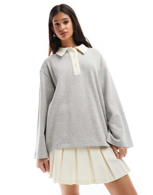 ASOS DESIGN supersoft long sleeve oversized polo in light gray
