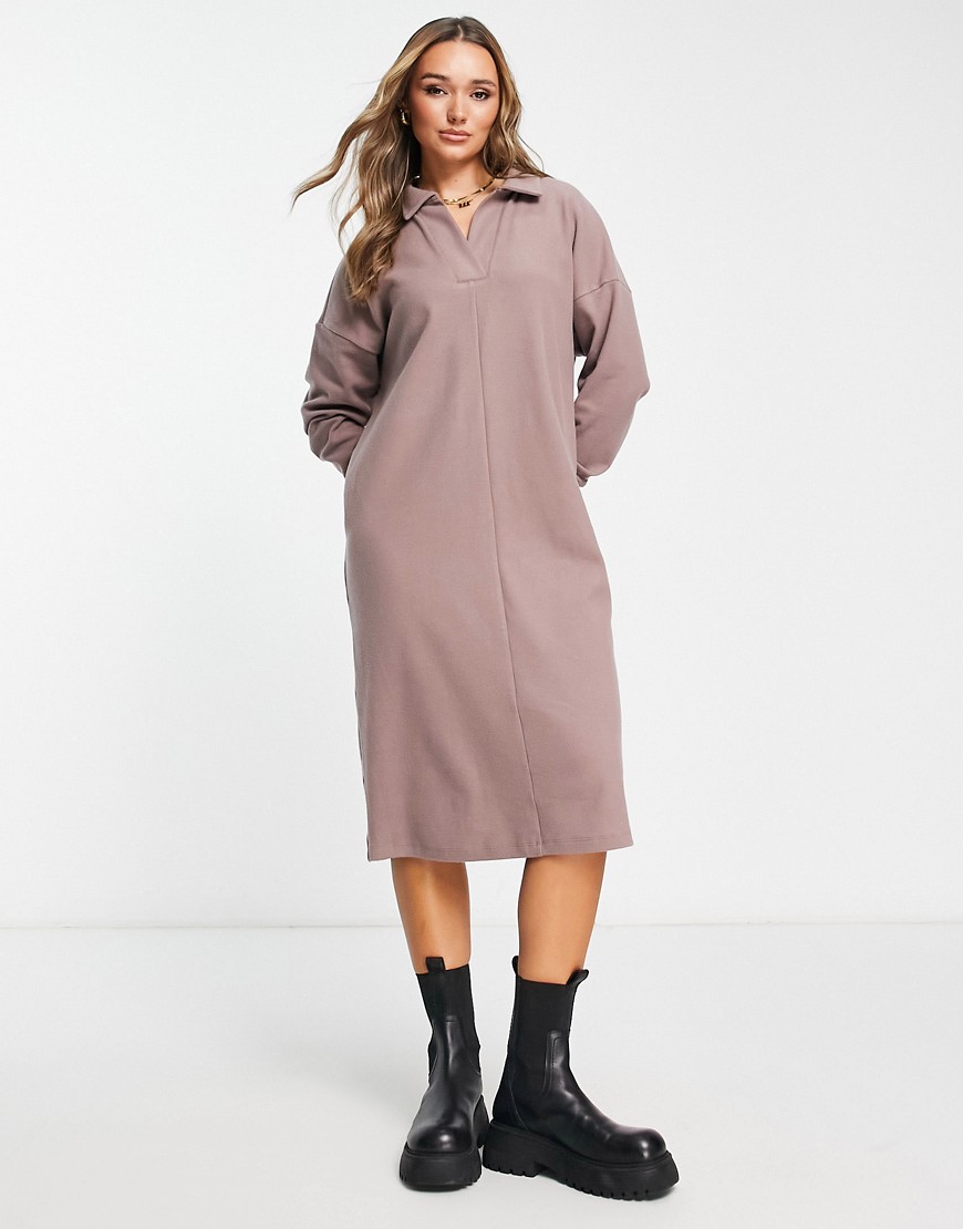 ASOS DESIGN supersoft long sleeve polo midi jumper dress in taupe-Neutral