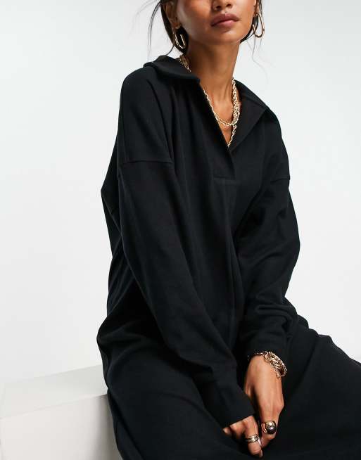 ASOS DESIGN supersoft long sleeve polo midi sweater dress in black | ASOS