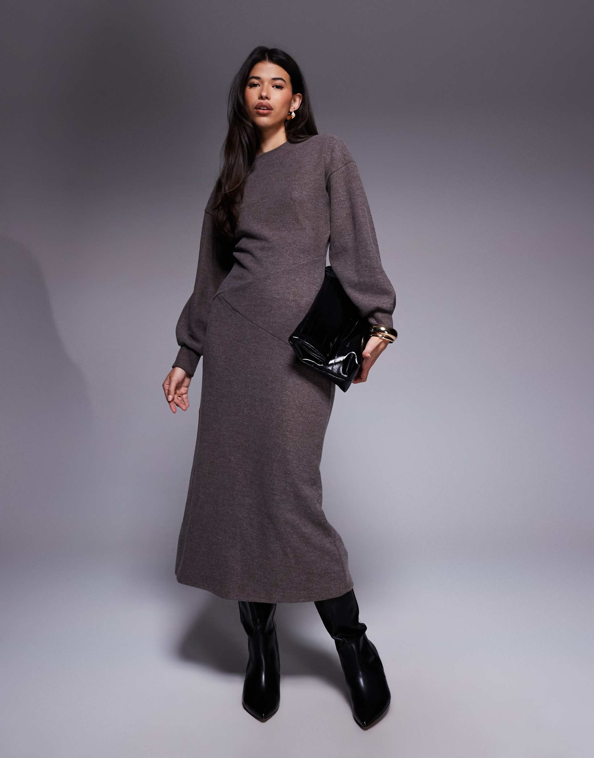 asos design supersoft long sleeve seam detail maxi dress in chocolate heather