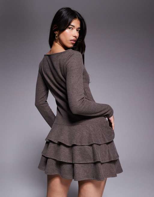 ASOS DESIGN supersoft long sleeve tiered rara skirt mini dress in brown