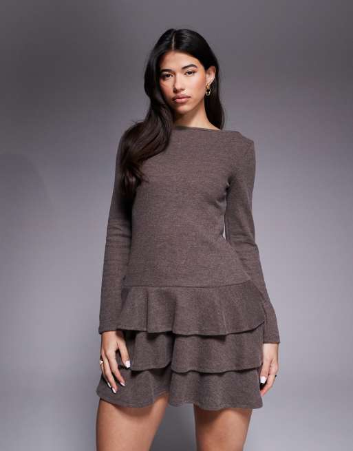 ASOS DESIGN supersoft long sleeve tiered rara skirt mini dress in brown