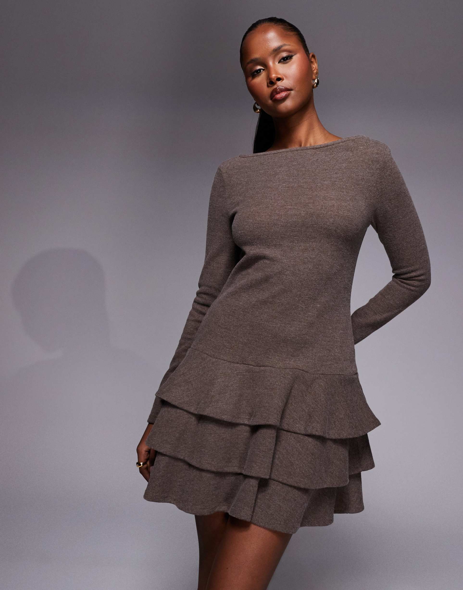 asos design supersoft long sleeve tiered rara skirt mini dress in coffee