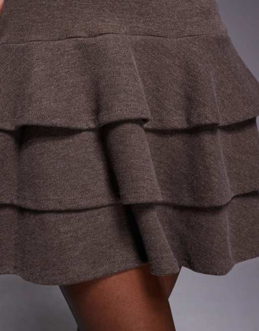ASOS DESIGN supersoft long sleeve tiered rara skirt mini dress in coffee, 3 of 4