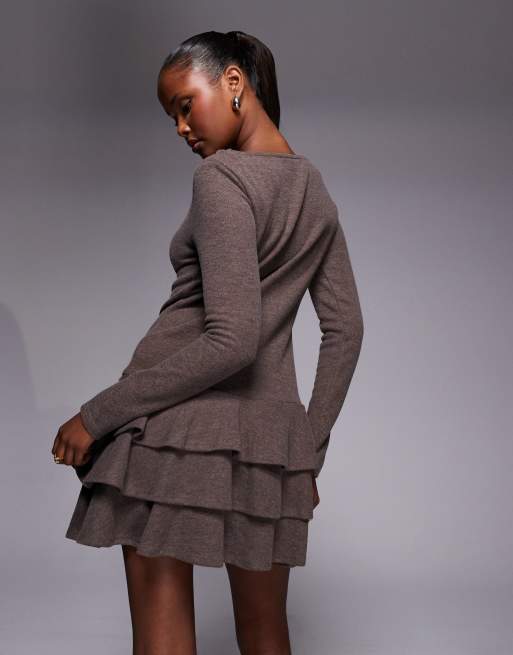 ASOS DESIGN supersoft long sleeve tiered rara skirt mini dress in coffee, 4 of 4