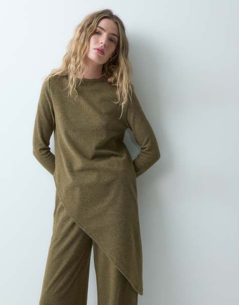 ASOS DESIGN supersoft long sleeve with asym co-ord top in khaki