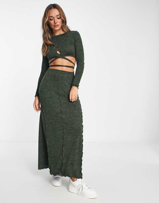 ASOS DESIGN supersoft long sleeve wrap around detail maxi dress in green spacedye