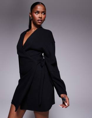 ASOS Design supersoft long sleeve wrap tie front mini dress in Black