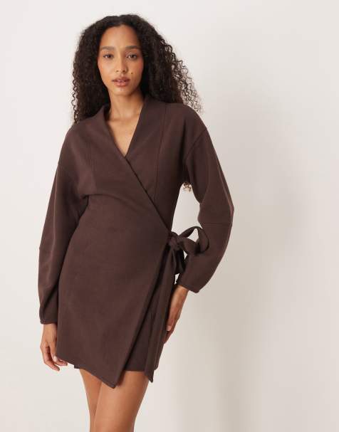 ASOS DESIGN supersoft long sleeve wrap tie front mini dress in chocolate - view 1