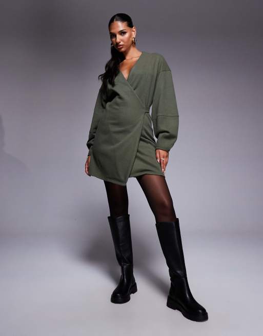 ASOS DESIGN supersoft long sleeve wrap tie front mini dress in khaki, 2 of 4