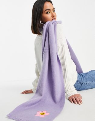ASOS DESIGN supersoft long woven scarf with happy daisy embroidery in lilac - LILAC