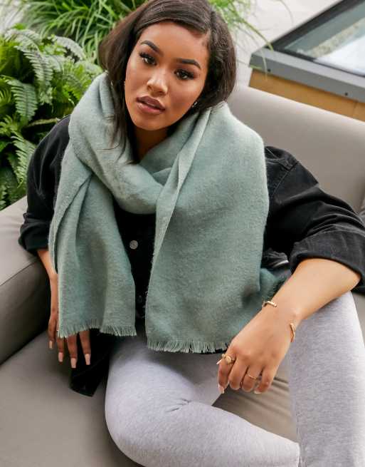 ASOS DESIGN supersoft long woven scarf with raw edge in sage, ASOS