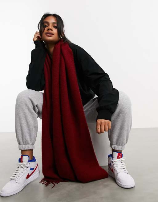 ASOS DESIGN supersoft long woven scarf with tassels in deep red, 2 of 4