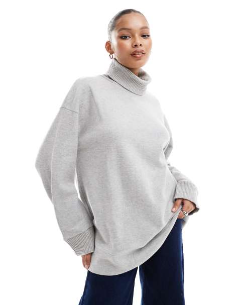 ASOS DESIGN supersoft longline roll neck jumper in grey marl - view 1