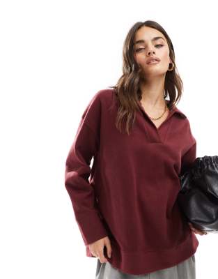 Asos Design Supersoft Longline Rugby Sweater In Burgundy-red In Brown