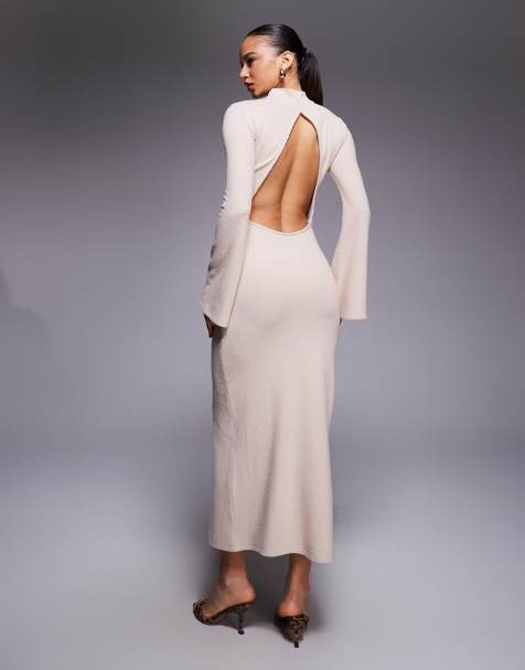 ASOS DESIGN supersoft maxi with roll neck and open back detail in cream - view 1
