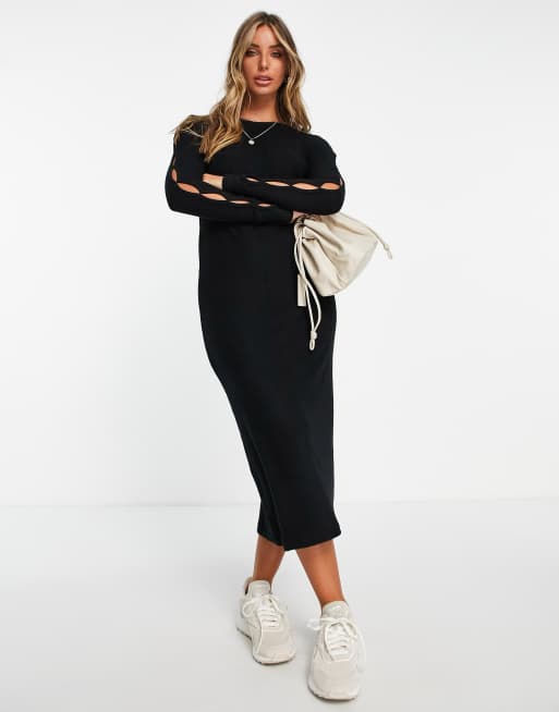 ASOS DESIGN supersoft midi dress with cut out sleeve detail in black - BLACK