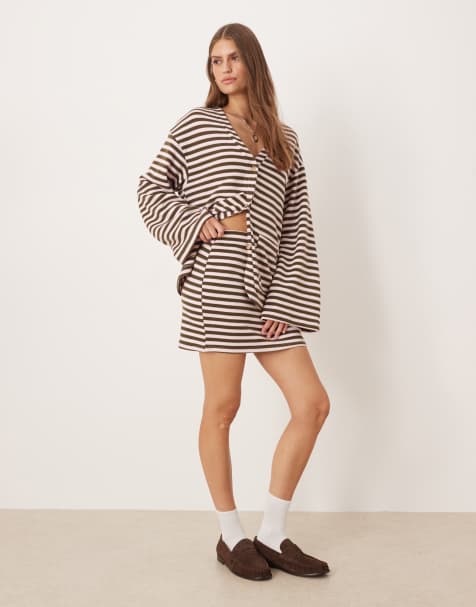 ASOS DESIGN Supersoft mini skirt co-ord in pink & khaki stripe - BROWN - view 1