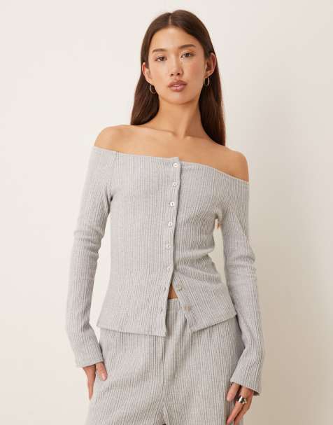 ASOS DESIGN supersoft mixed rib knit off the shoulder cardigan in gray - view 1