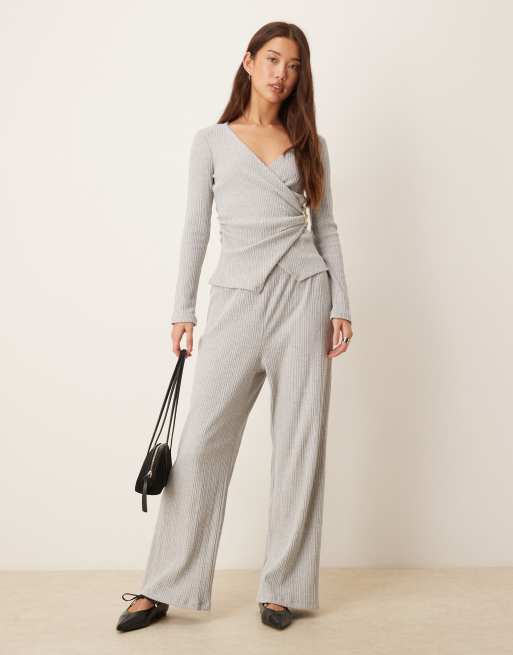 ASOS DESIGN supersoft mixed rib wrap top in grey, 2 of 4