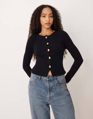 Asos Design Supersoft Neat Fit Cardigan With Gold Button Detail In Black