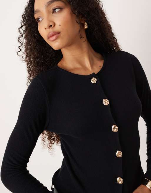 ASOS DESIGN supersoft neat fit cardigan with gold button detail in black, 3 of 4