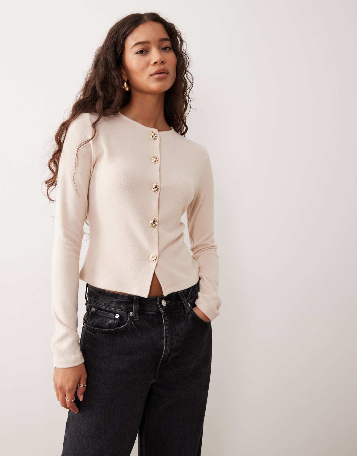 ASOS DESIGN supersoft neat fit cardigan with gold button detail in cream