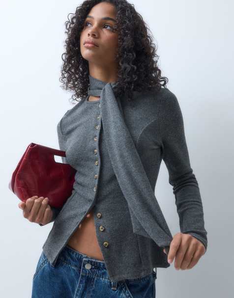 ASOS DESIGN supersoft neck detail button up cardigan top in charcoal grey - view 1