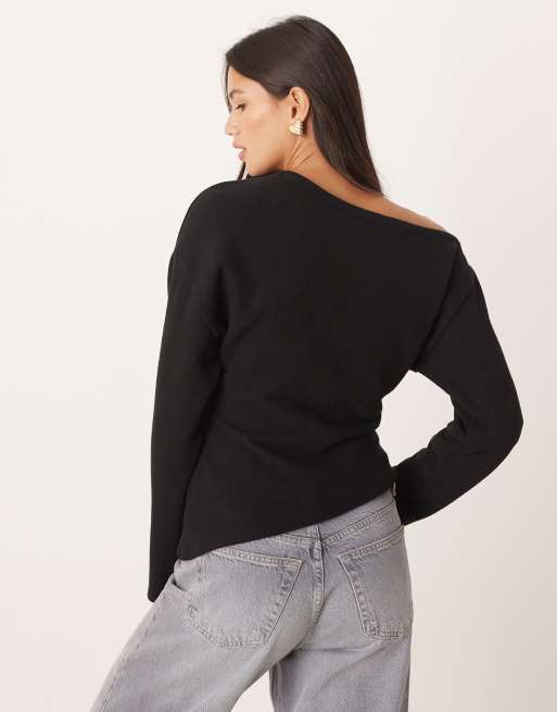 ASOS DESIGN Supersoft off shoulder corset waist long sleeve top in black